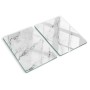 Zwei rechteckige Glas-Herdabdeckplatten mit weißem Marmor-Muster und grauen Adern, glänzend, als Servierbrett.