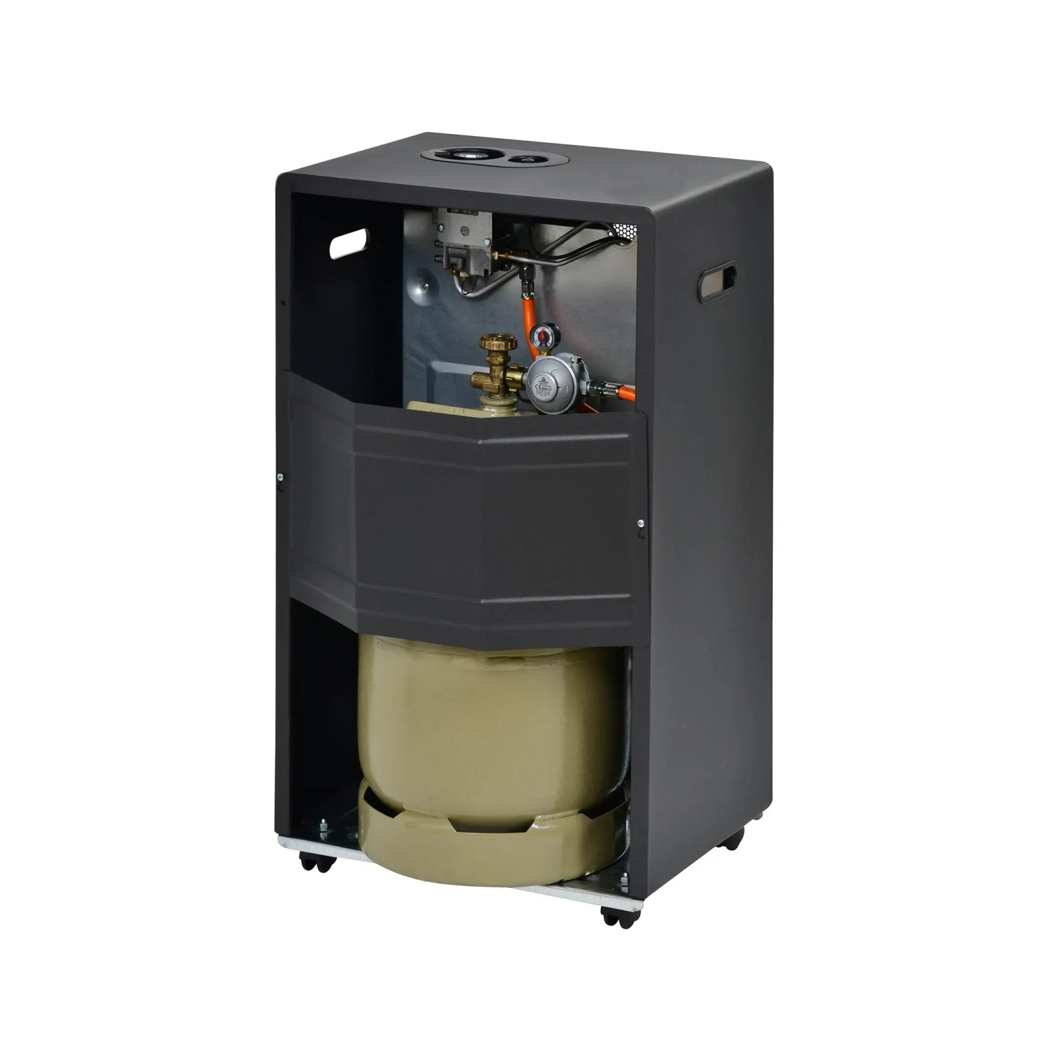 Schwarzer Firefix Gas-Heizofen 4200 Eco+ mit Gasflasche, 4,2 kW Leistung, Energieeffizienzklasse A.