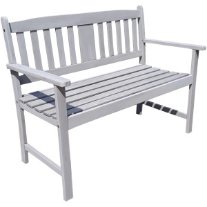 Graue 2-Sitzer Holz-Gartenbank Stirling aus Eukalyptusholz, klassische Bauweise.