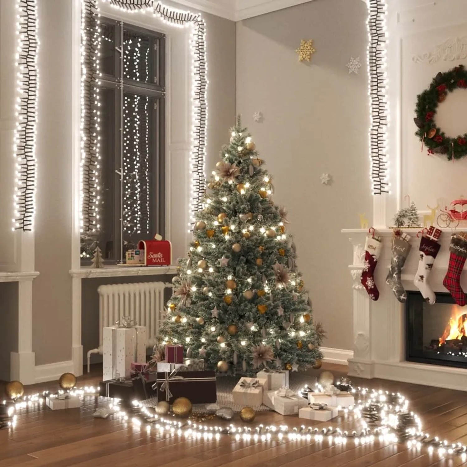 Festliche, kaltweiße LED-Lichterkette (23m) von vidaXL im weihnachtlichen Wohnzimmer.