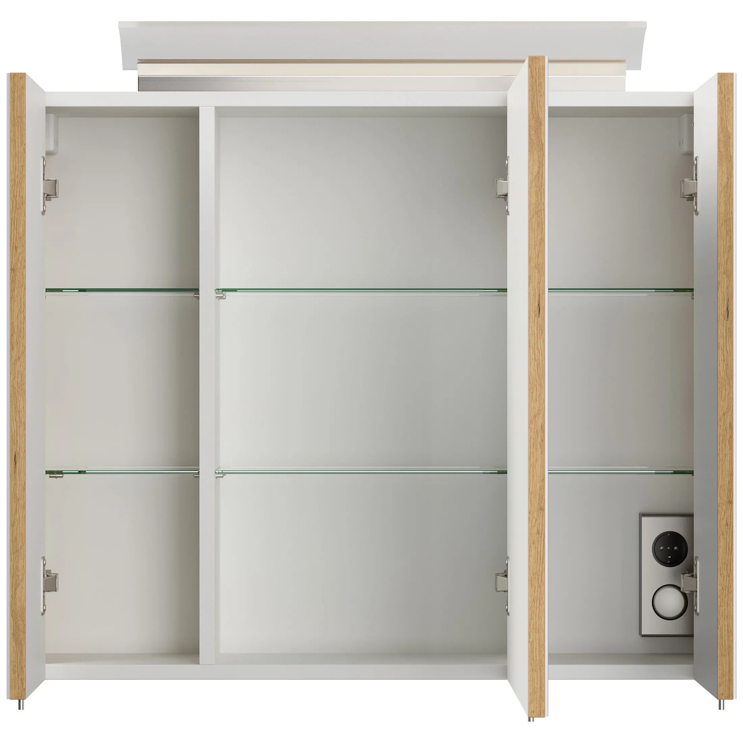 Offener Posseik Spiegelschrank 75 cm Eiche Gold mit LED-Lampe und Glasböden.
