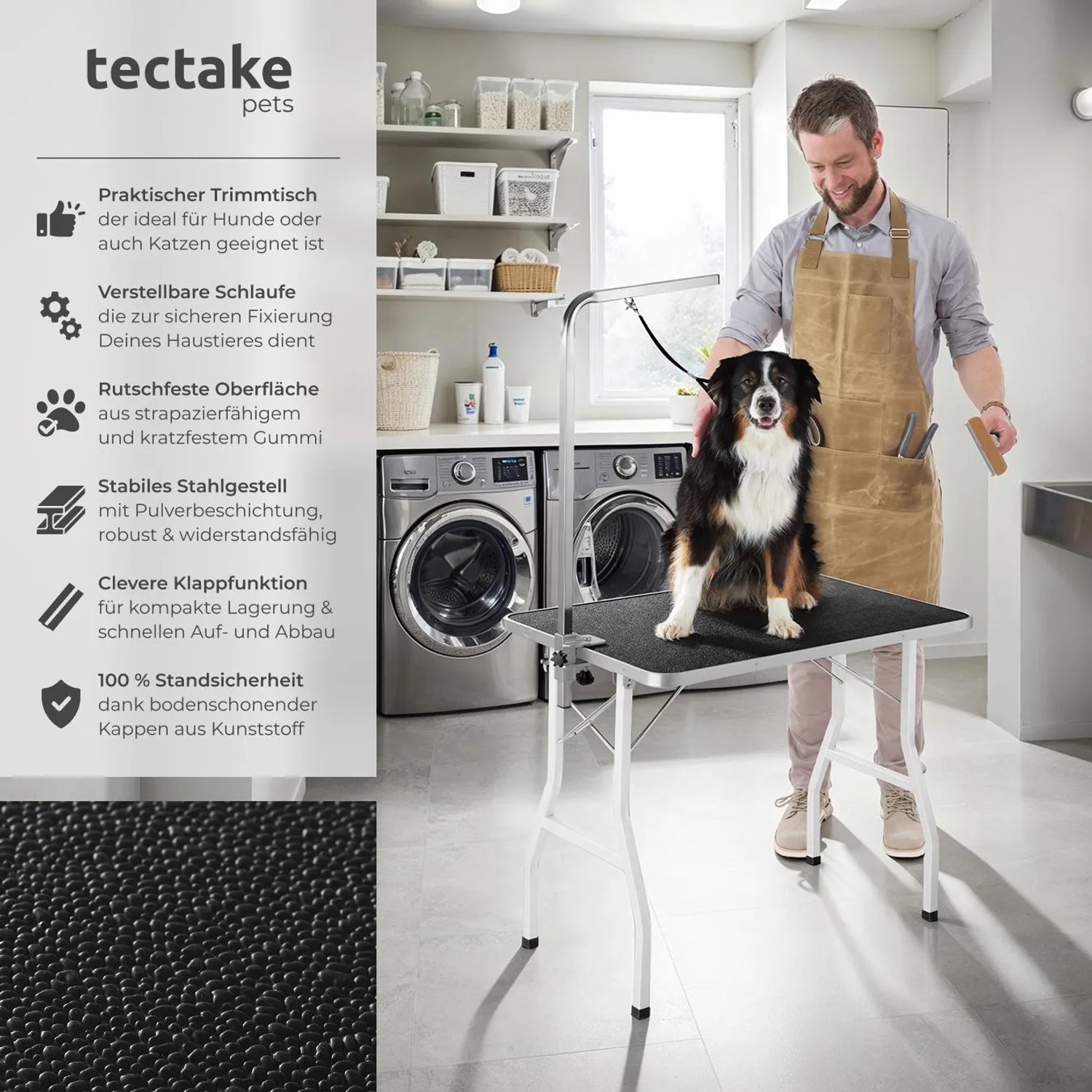 Tectake Trimmtisch mit Galgen, höhenverstellbar, klappbar, mit Hund. Ideal für die Hundefellpflege.