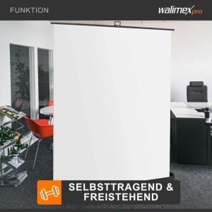 Walimex Pro Roll-Up Fotohintergrund weiß, 210x220cm, freistehend im Büro. Ideal für Fotostudio & High-Key.