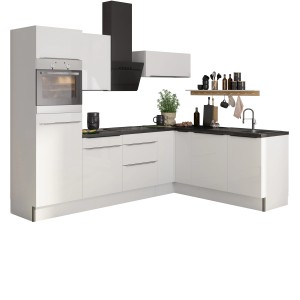 Optifit Winkelküche Optikoncept Arvid in Weiß mit dunkler Arbeitsplatte, ohne E-Geräte, 270 cm breit.