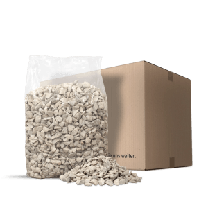 Galamio Calcit Splitt 20kg in transparentem Sack, helle, kristalline Natursteine für Garten und Dekoration.