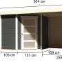 Karibu Holz-Gartenhaus Terragrau mit Flachdach, Ansicht mit Maßen.
