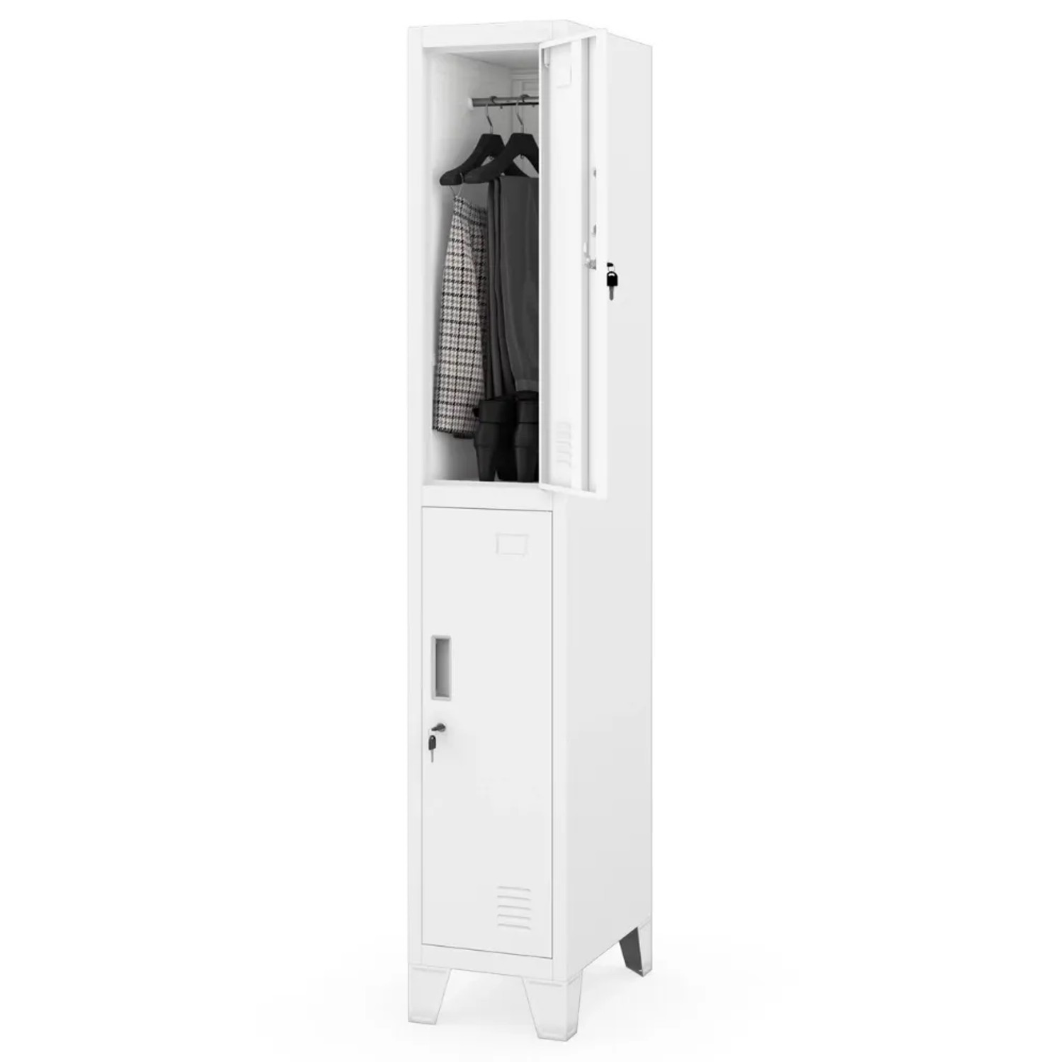 JAN NOWAK Umkleideschrank Spind BARTEK 2 Abteile Etikettenhalter Lüftungsschlitze Umkleidespind Schließfachschrank 172x29,2x45cm Weiß