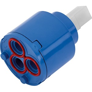 Keramikkartusche Ø 35 mm für Waschtischarmatur, blaues Kunststoffgehäuse, Regler für Wassermenge und Temperatur.
