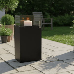 Schwarzes LAMORENDA Fiberglas-Windlicht mit brennender Kerze auf gepflasterter Terrasse. Moderner Kerzenhalter für Innen- & Außenbereich.