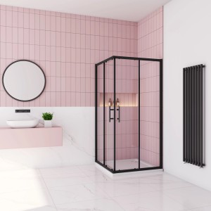 Eckige Duschkabine AICA 80x80 mit Schiebetür, schwarzem Rahmen und Sicherheitsglas in modernem Badezimmer.