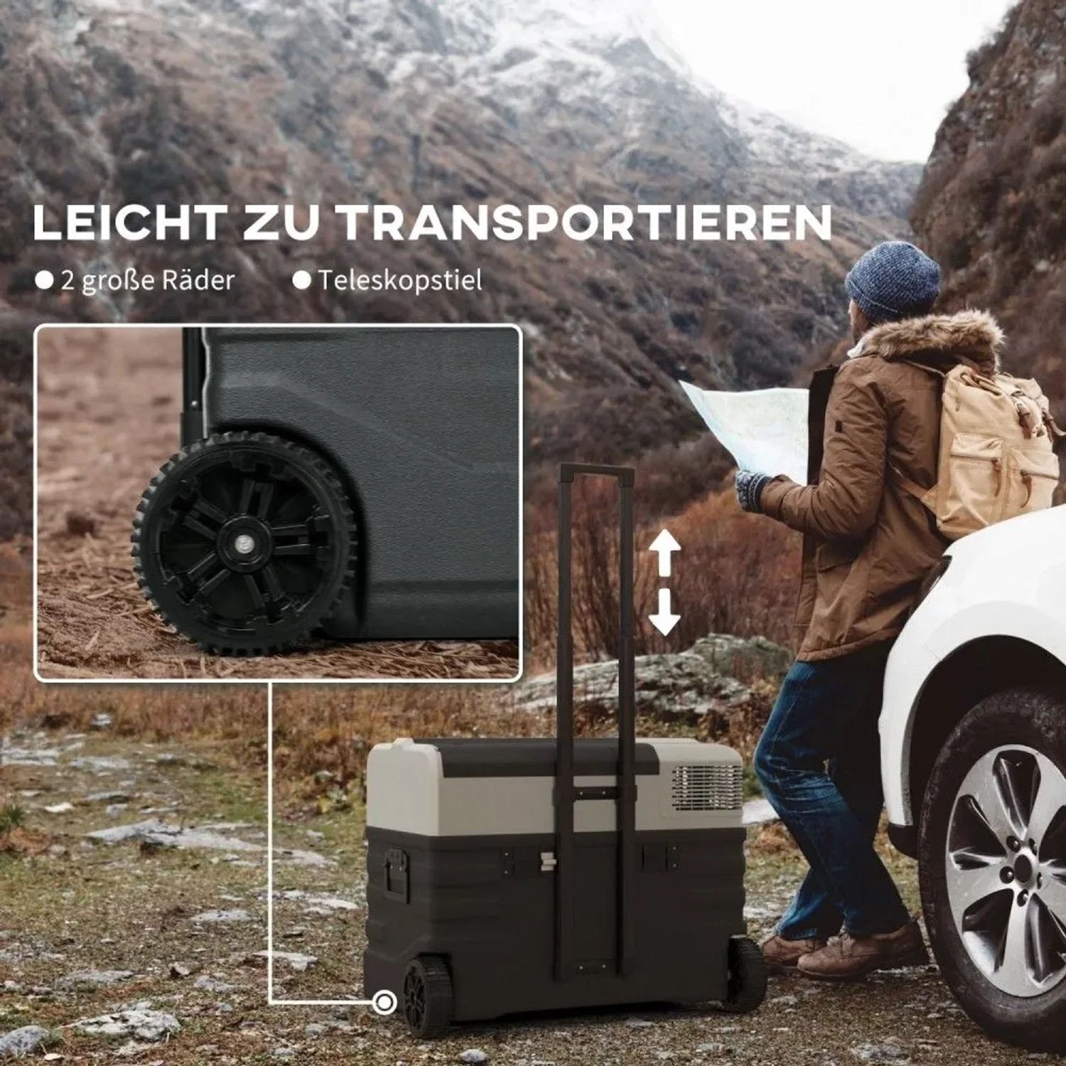 Outsunny Kompressor Kühlbox, schwarz-grau, mit Teleskopgriff und Rädern, ideal für Camping und Autozubehör.