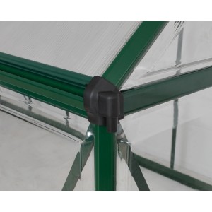 Detailaufnahme: Grünes Palram Canopia Hybrid Gewächshaus, Ecke mit Verbinder.