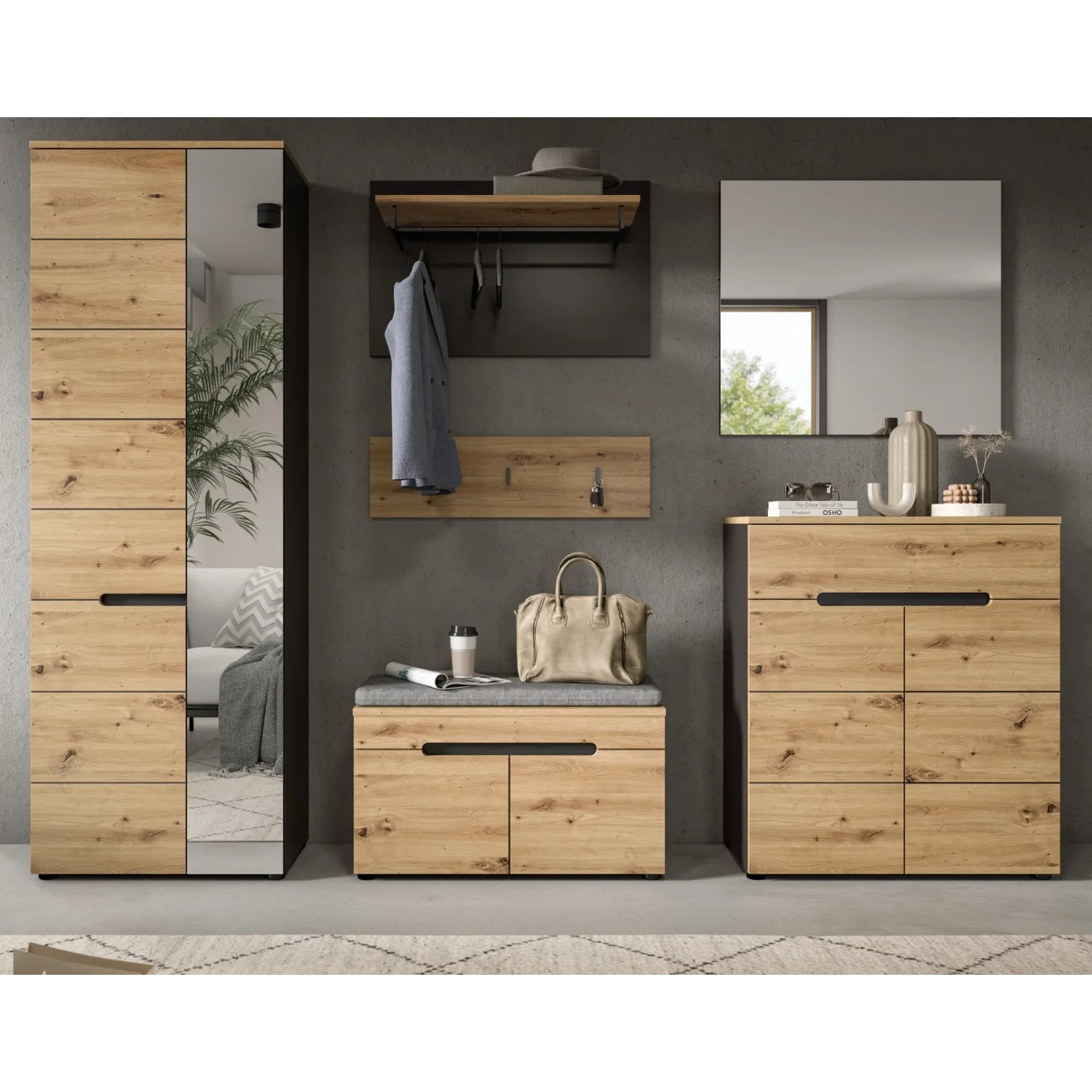 Inn.Furn Garderobe Set 6-teilig Eiche Grau 255 cm mit Soft-Close Cooper_2