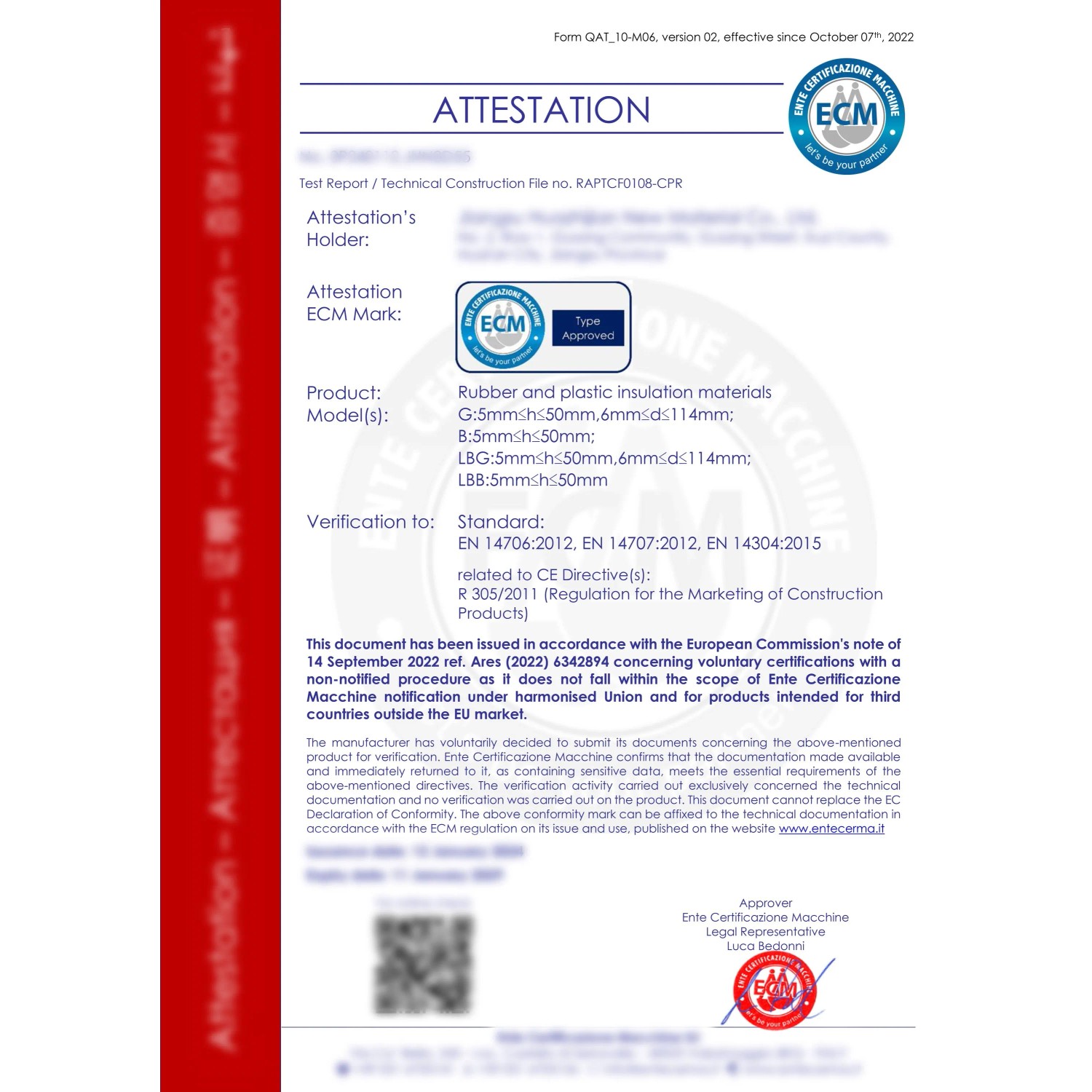 Zertifikat Dämmmatte CCLIFE, ECM geprüft, EN 14706/07/14304. Nachweis für hohe Qualität.