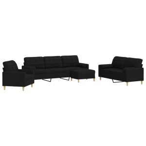 vidaXL 4-Tlg. Sofagarnitur schwarz mit Sessel, 2-Sitzer, 3-Sitzer, Hocker und Kissen.