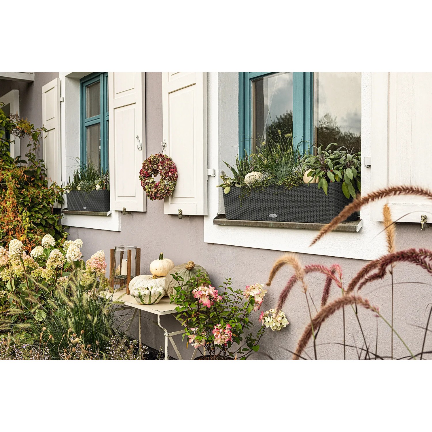 Lechuza Balconera Cottage 80 Blumenkasten in Granit mit Bepflanzung am Fenster.