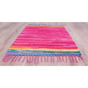Pinker Bestlivings Flickenteppich (160x230 cm) mit bunten Streifen und Fransen. Fußmatte für Wohnräume.