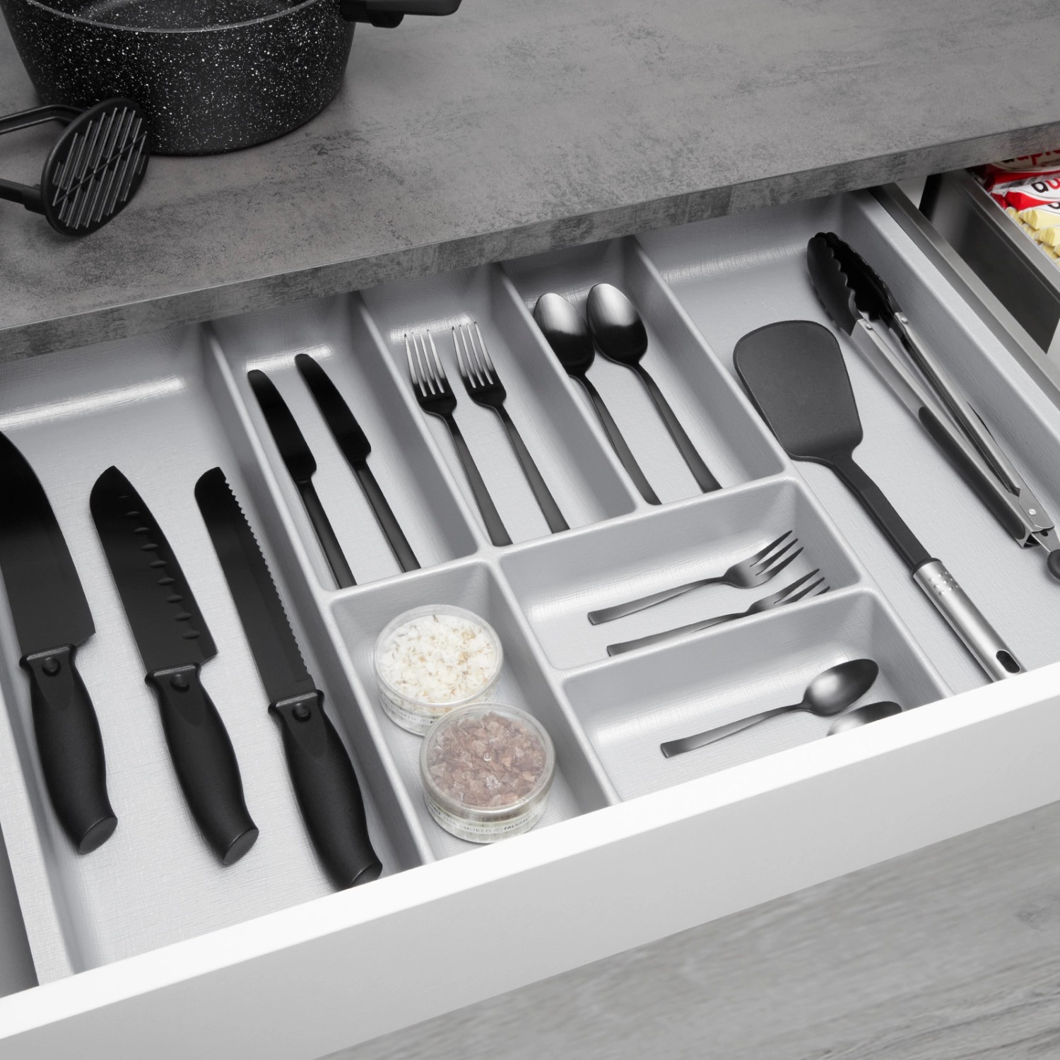SOTECH ORGA-BOX-2 Besteckeinsatz Tiefe 462 mm Höhe 50,5 mm Für Nobilia Küchen Canvas Struktur Silbergrau Breite 709 mm_4