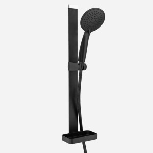 Schwarzes Euroshowers Duschstangen Set zur Klebemontage mit Handbrause und Ablage.