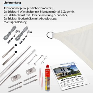 Toldoro Sonnensegel Komplettset, cremeweiß, mit Befestigungsmaterial, Halterung, Pfosten, Mast und Zubehör.