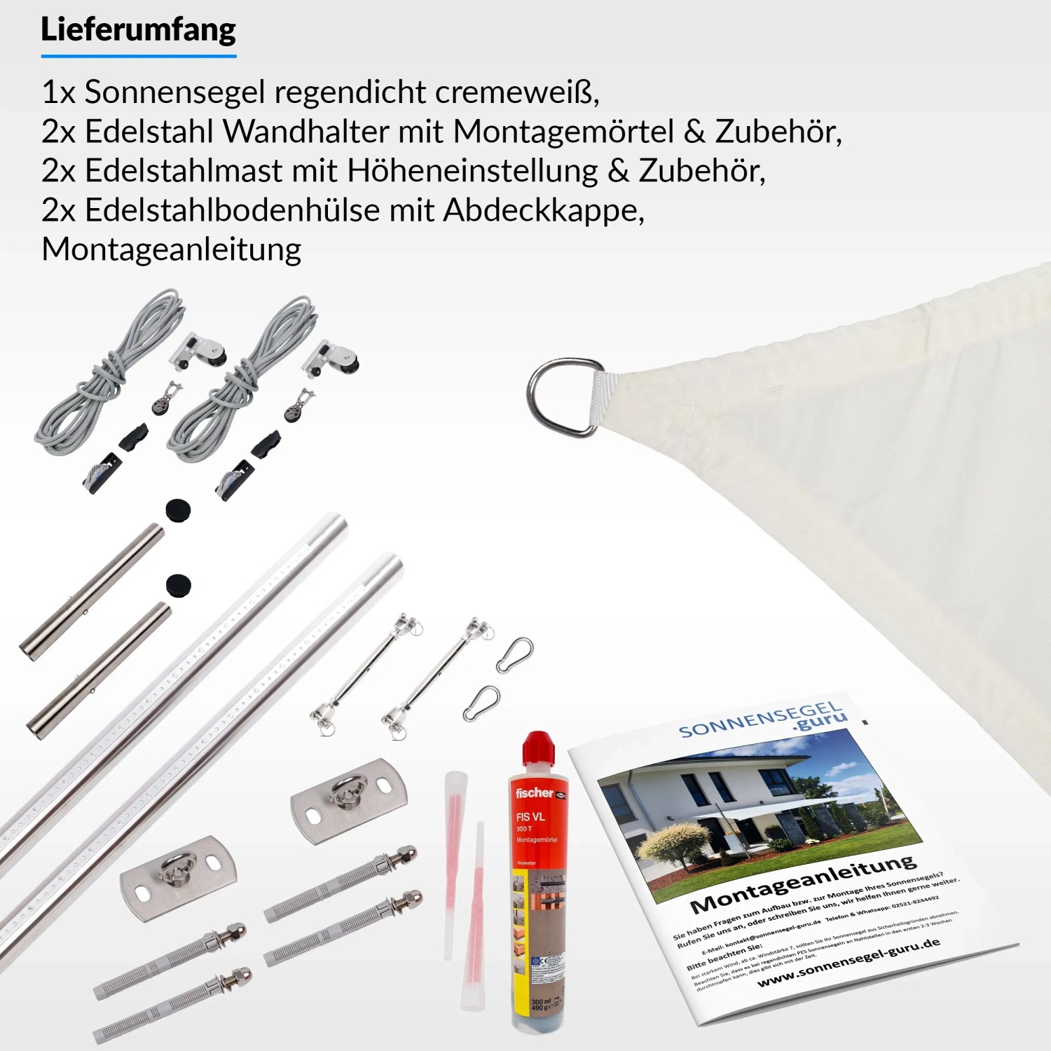 Toldoro Sonnensegel Komplettset, cremeweiß, mit Befestigungsmaterial, Halterung, Pfosten, Mast und Zubehör.