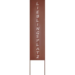 Rostbraunes Metall-Paneel "Lieblingsplatz" als Gartendeko für Beet oder Rasen.