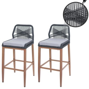 2er-Set Rope-Barhocker Anthrazit mit hellgrauen Kissen, Holz-Optik Beine, Metallgestell. Modernes Design.