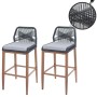 2er-Set Rope-Barhocker Anthrazit mit hellgrauen Kissen, Holz-Optik Beine, Metallgestell. Modernes Design.