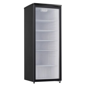 Schwarzer PKM Kühlschrank GKS255B mit Glastür und LED-Beleuchtung, ideal für Getränke.