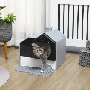 Graue PawHut Katzentoilette im Hütten-Design mit Schaufel und Katze.