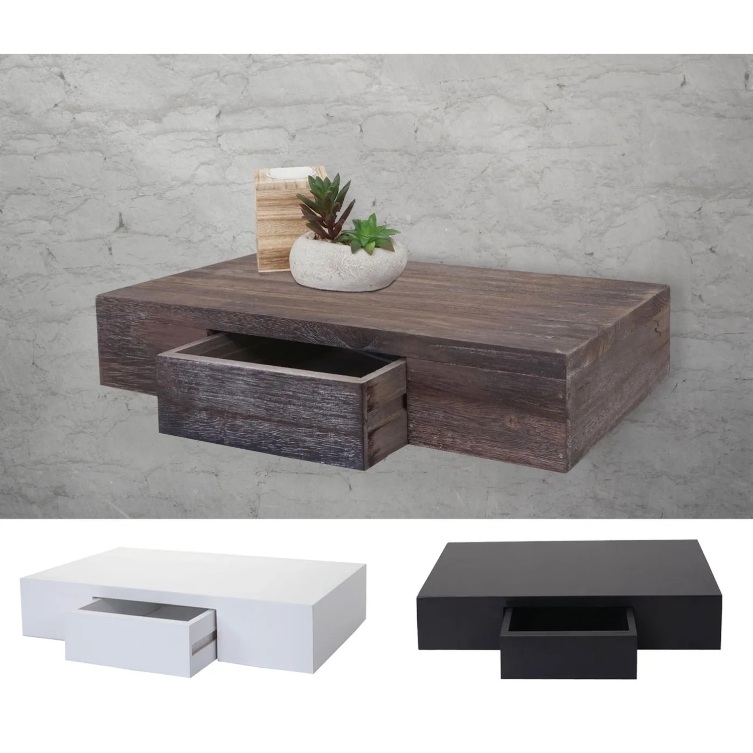 BERLINLODGE Wandregal Ilse, Paulownia-Holz, dunkelbraun shabby mit offener Schublade. Auch in Weiß & Schwarz.