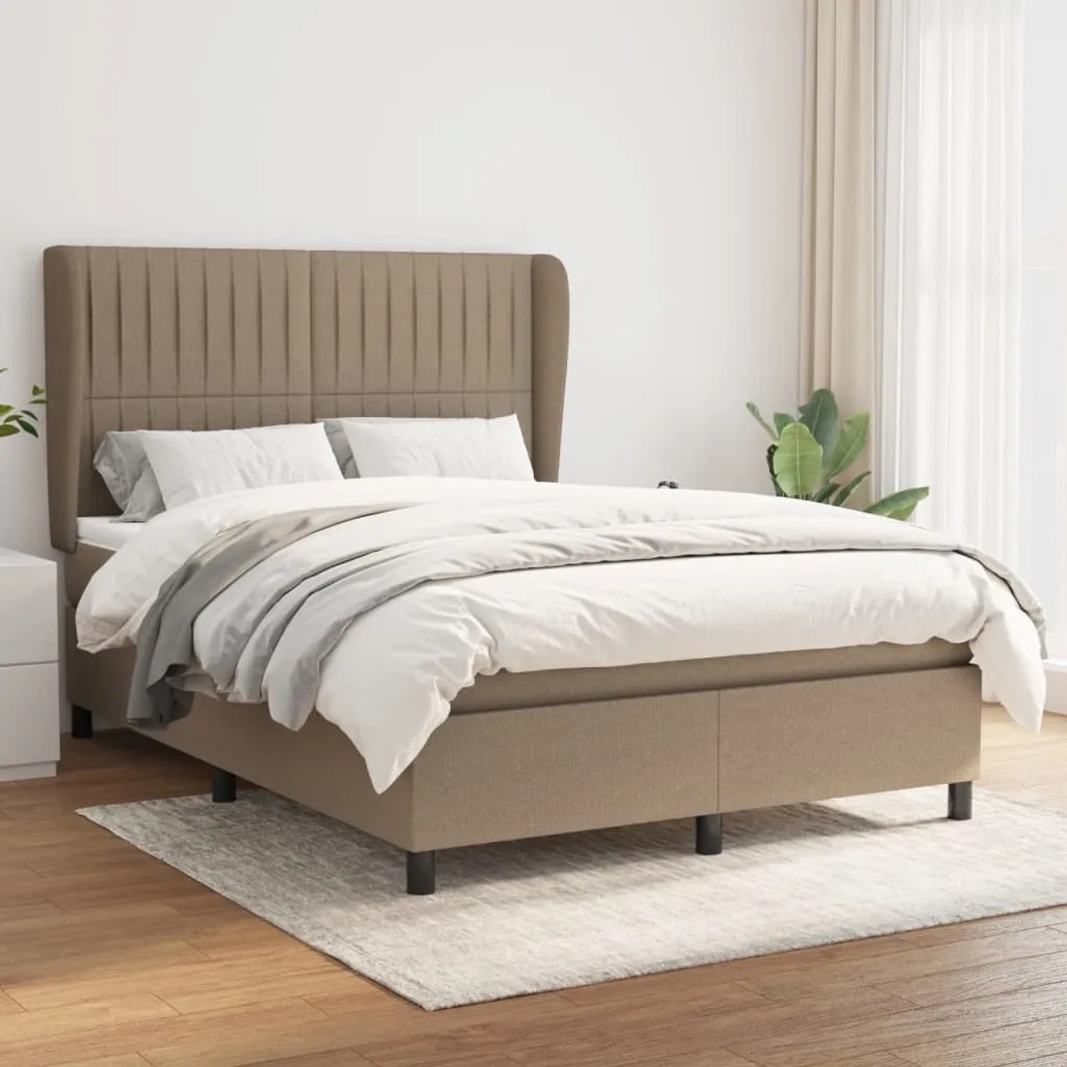 Boxspringbett vidaXL in Taupe (140x190 cm) mit Matratze und hohem Kopfteil.