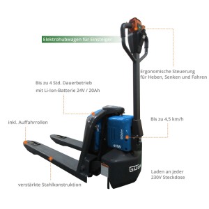 Güde Elektrohubwagen eHW 1500, grau/blau, mit ergonomischer Steuerung und verstärkter Stahlkonstruktion.