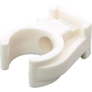 Weißer Rohrclip Einfach Ø 22 mm aus Kunststoff für Sanitär, Nahaufnahme.