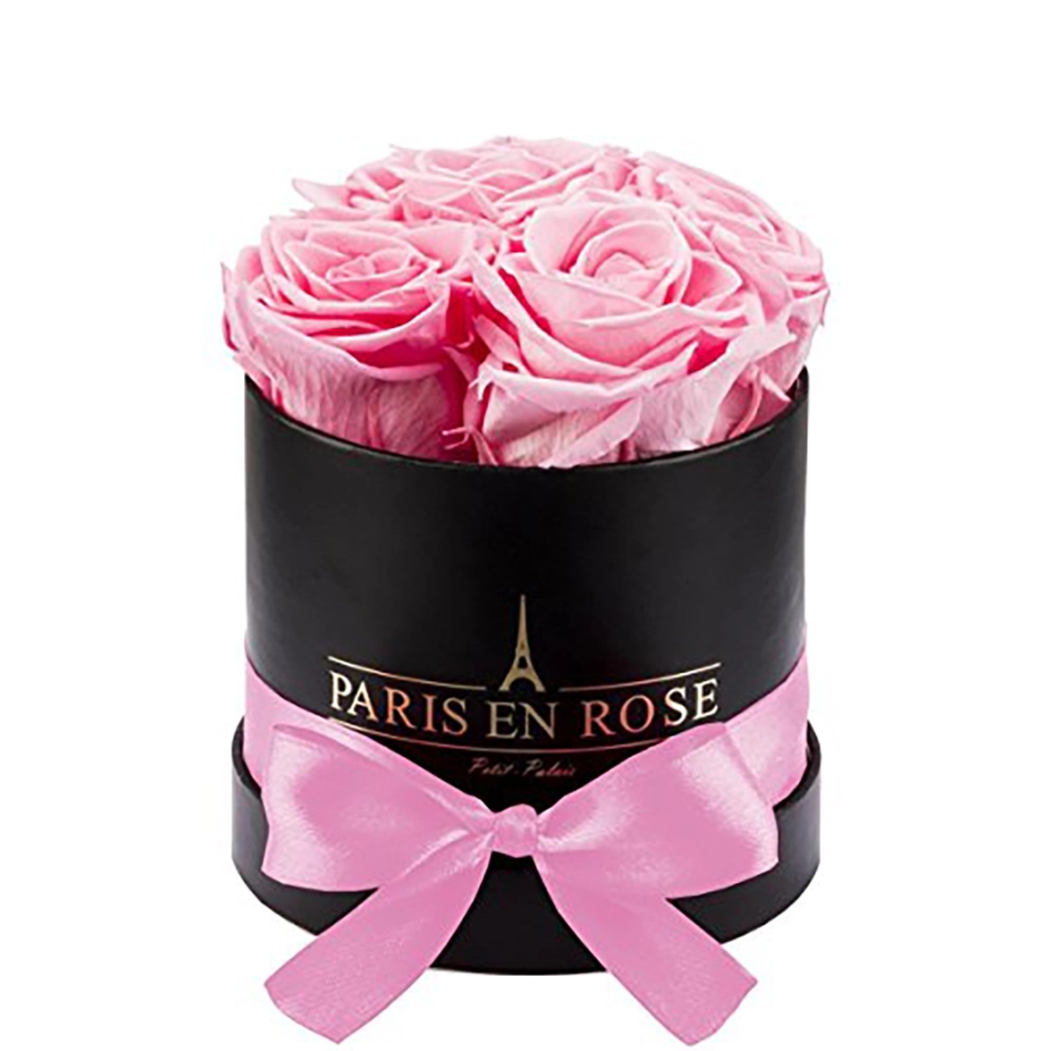 Rosenbox Ø 10 cm Schwarz mit Schleife und 4 Rosa Rosen