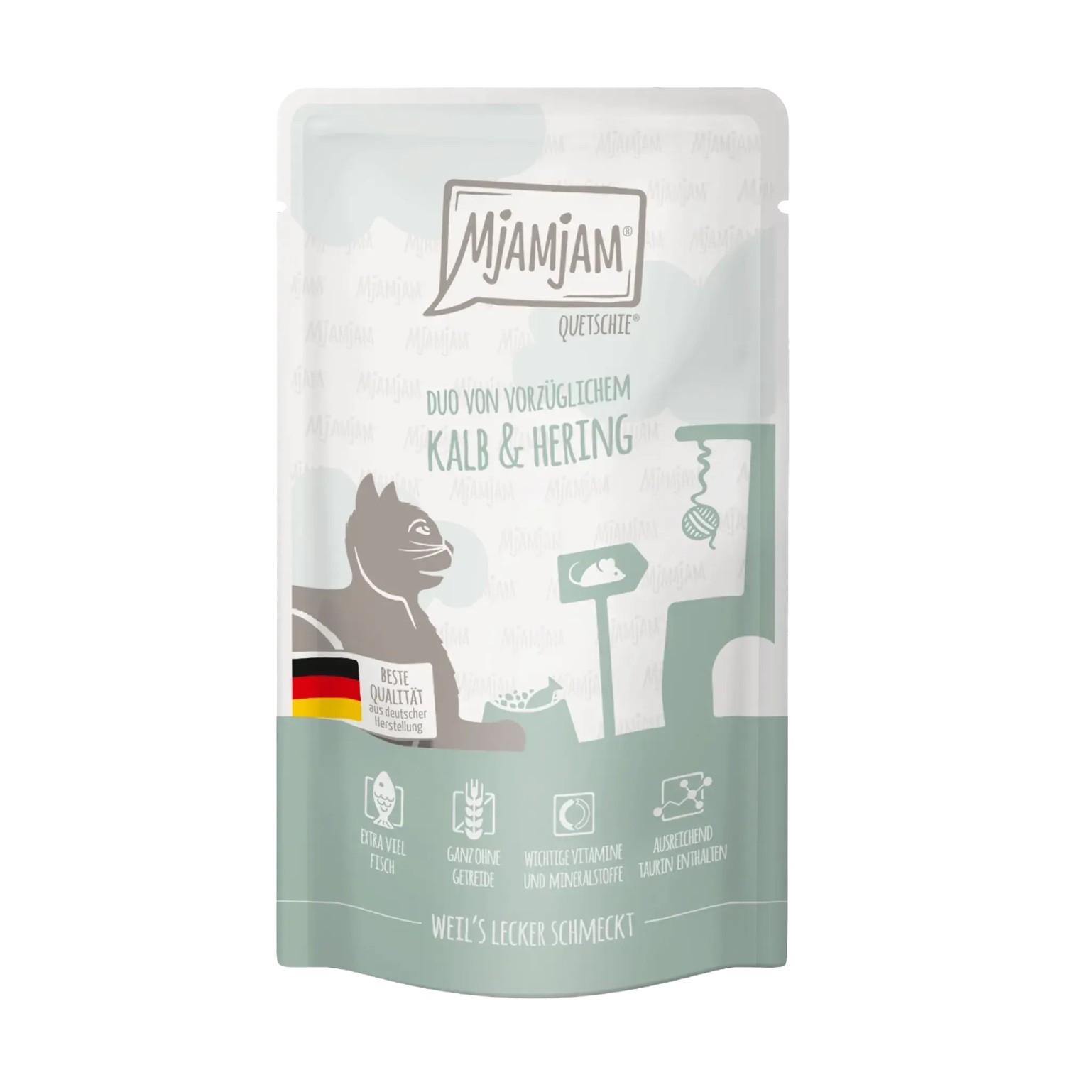 Mjamjam Katzen-Nassfutter Quetschie Duo von vorzüglichem Kalb & Hering 125 g