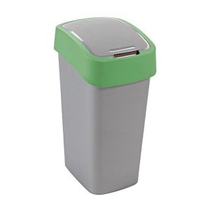 PROREGAL Abfallbehälter, 25 Liter, Silber/Grün, mit Schwing-/Klappdeckel.