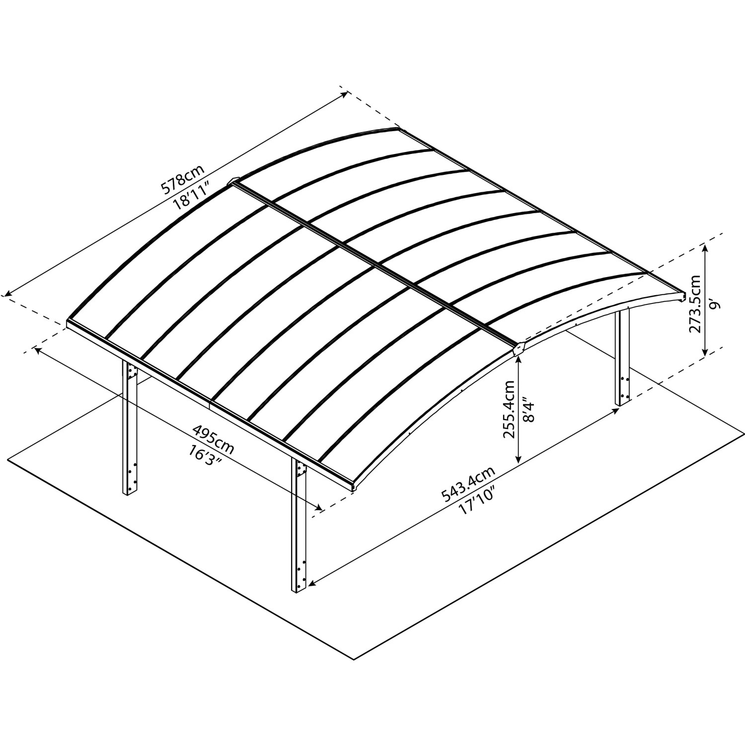 Skizze Palram Canopia Doppelcarport Arizone Wave mit Maßen. Ideal als Unterstand für zwei Fahrzeuge.
