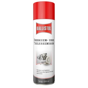 Weiße Sprühdose mit rotem Deckel, Ballistol Logo. Zeigt Bremsen- und Teilereiniger 500 ml für Außenausstattung.