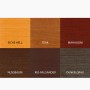 Farbmuster für Bondex Wetterschutz-Lasur: Eiche hell, Teak, Mahagoni, Nussbaum, Rio-Palisander, Dunkelgrau.