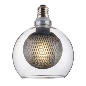 Dimmbares LED Filament Leuchtmittel mit Glaskugel und Gitter-Design für E27 Fassung.