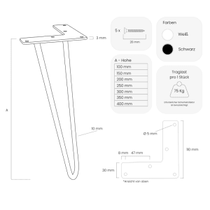Schwarzer HEVVA NEAPEL Möbelfuß, 20 cm hoch, im Hairpin-Design. Detailansicht mit Montageplatte und technischen Maßen.