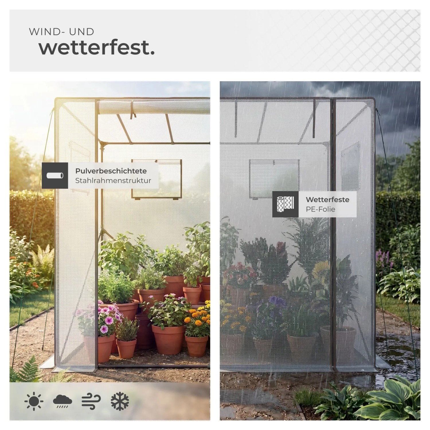 Tectake Foliengewächshaus Anton mit transparenter PE-Folie und Stahlrahmen, wetterfest, gefüllt mit Pflanzen bei Sonne und Regen.