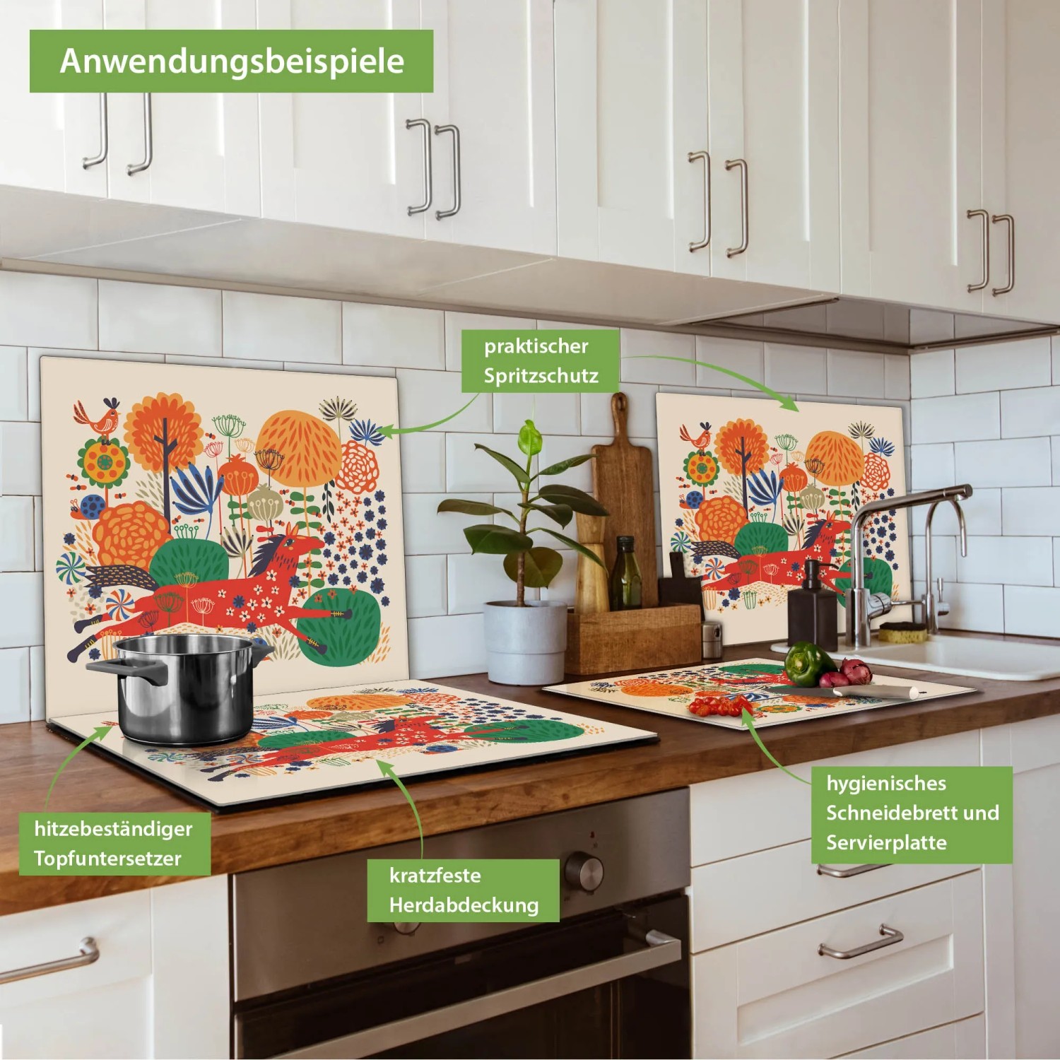 Banjado Herdabdeckplatte mit rotem Pferd Motiv als Schneidebrett und Spritzschutz in der Küche.