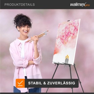 Lachende Frau malt an Walimex Pro Aluminium Staffelei mit Leinwand. Stabiles Stativ mit Pinselhalterung.