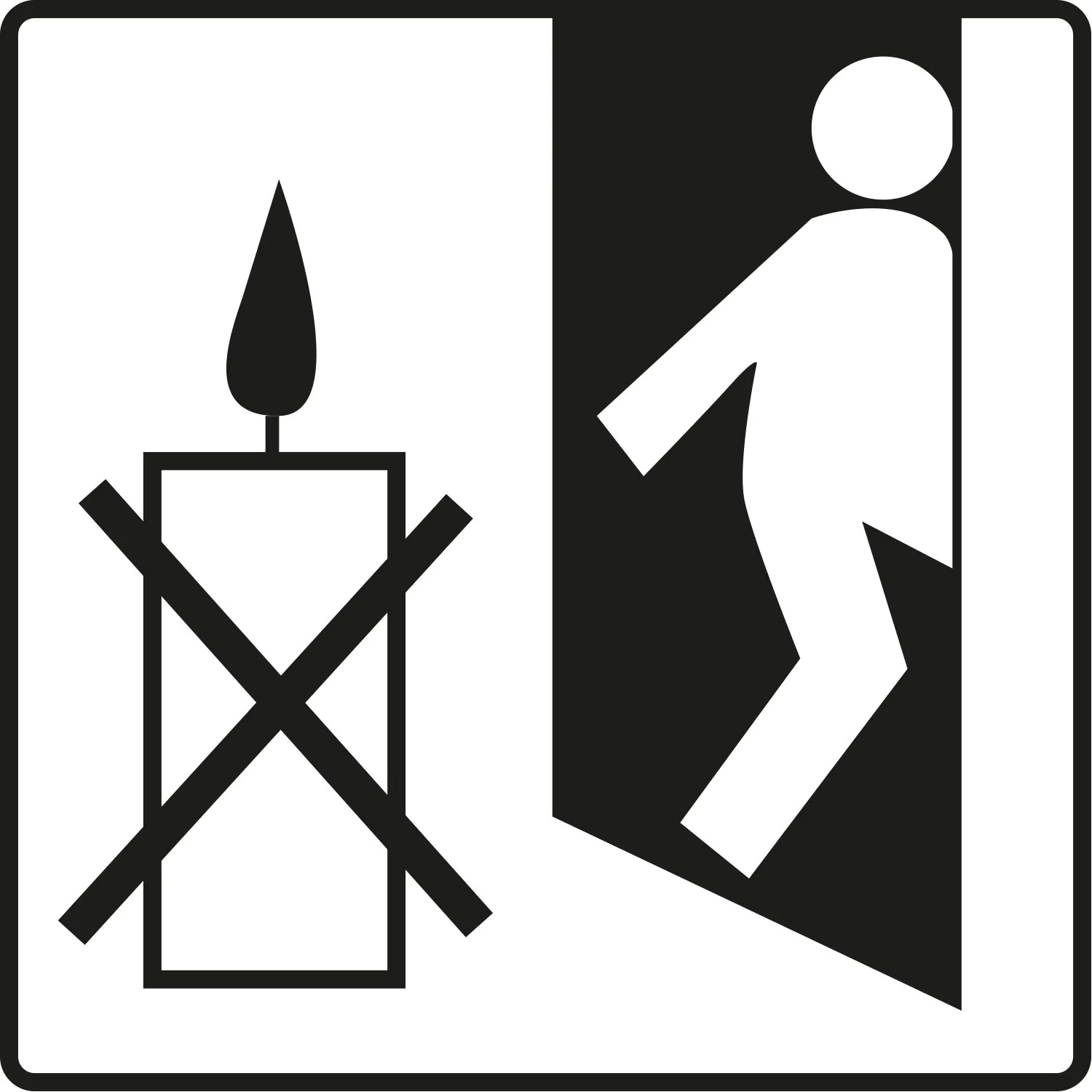 Symbol: Kerze verboten, Fluchtweg. Sicherheitshinweis für Nexa Lotte Moskito-Kerze.