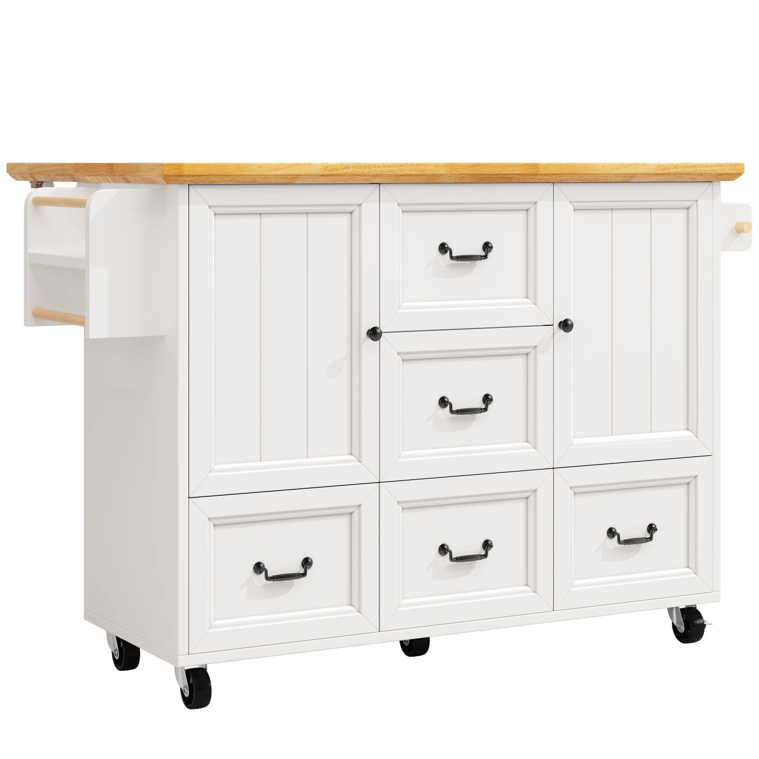 okwish Kücheninsel mit Ausziehbarem Rollenwagen Gewürzregal 120 x 73 x 93 cm Weiß