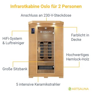 Artsauna Infrarotkabine Oslo für 2 Personen aus Hemlockholz mit Keramikstrahlern.