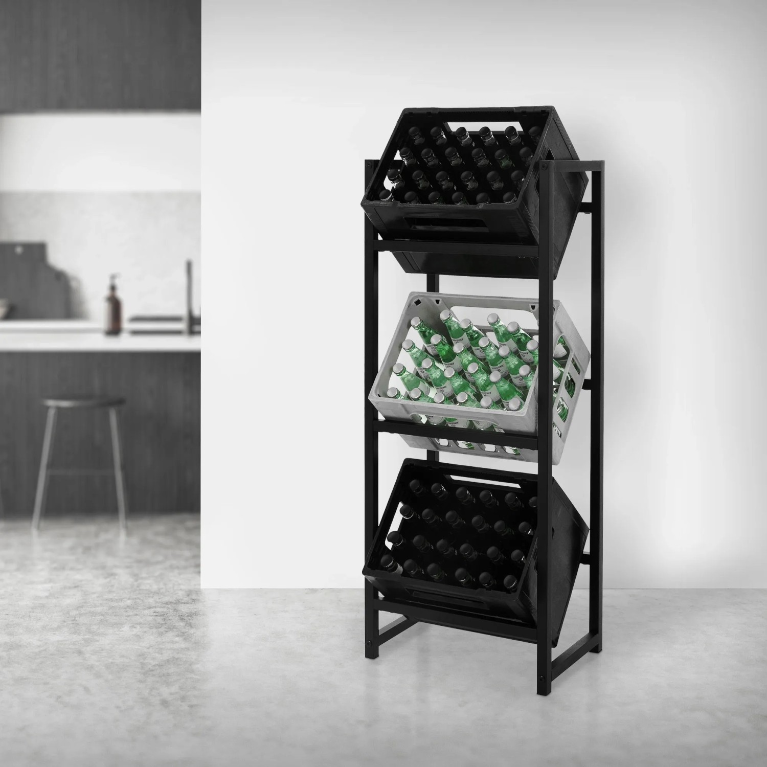 ML-Design Getränkekistenregal aus Stahl für 3 Kisten im modernen Küchendesign.