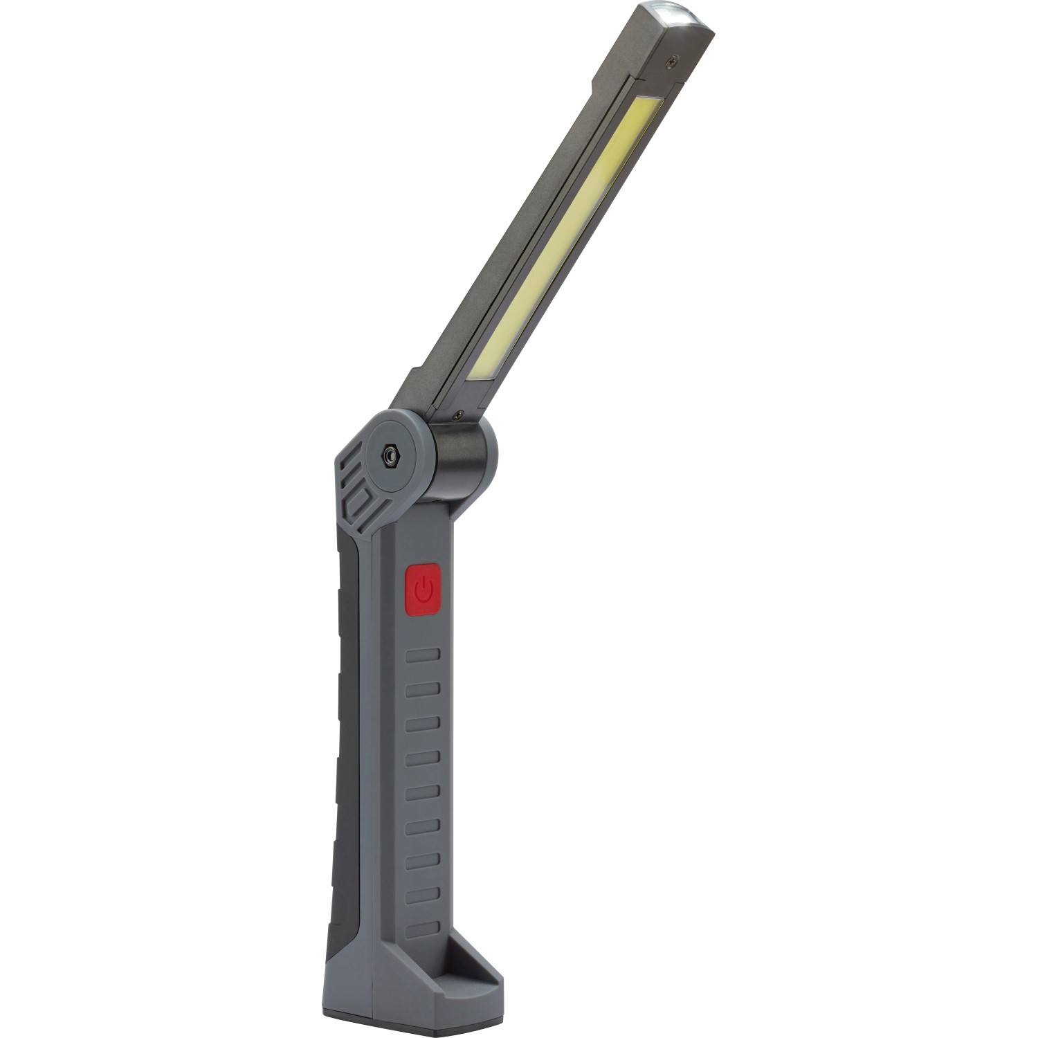 Klappbare LED Arbeitsleuchte in Schwarz-Grau, aufladbar, 300 Lumen, ideal für Werkstatt & Baustelle.